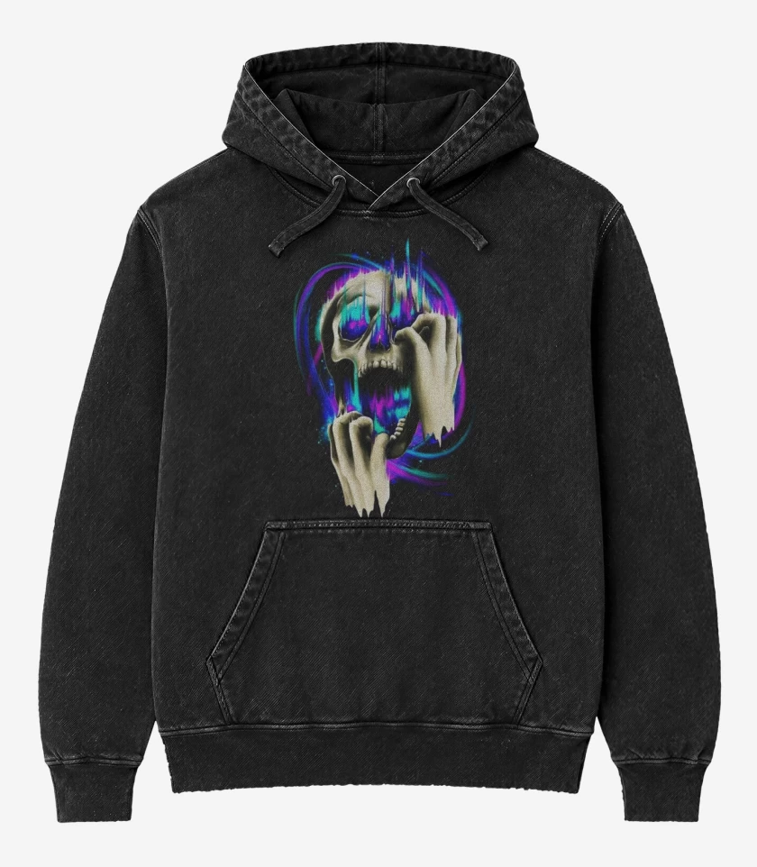 Poleron Canguro Acid Wash Negro de Galaxia Skull
