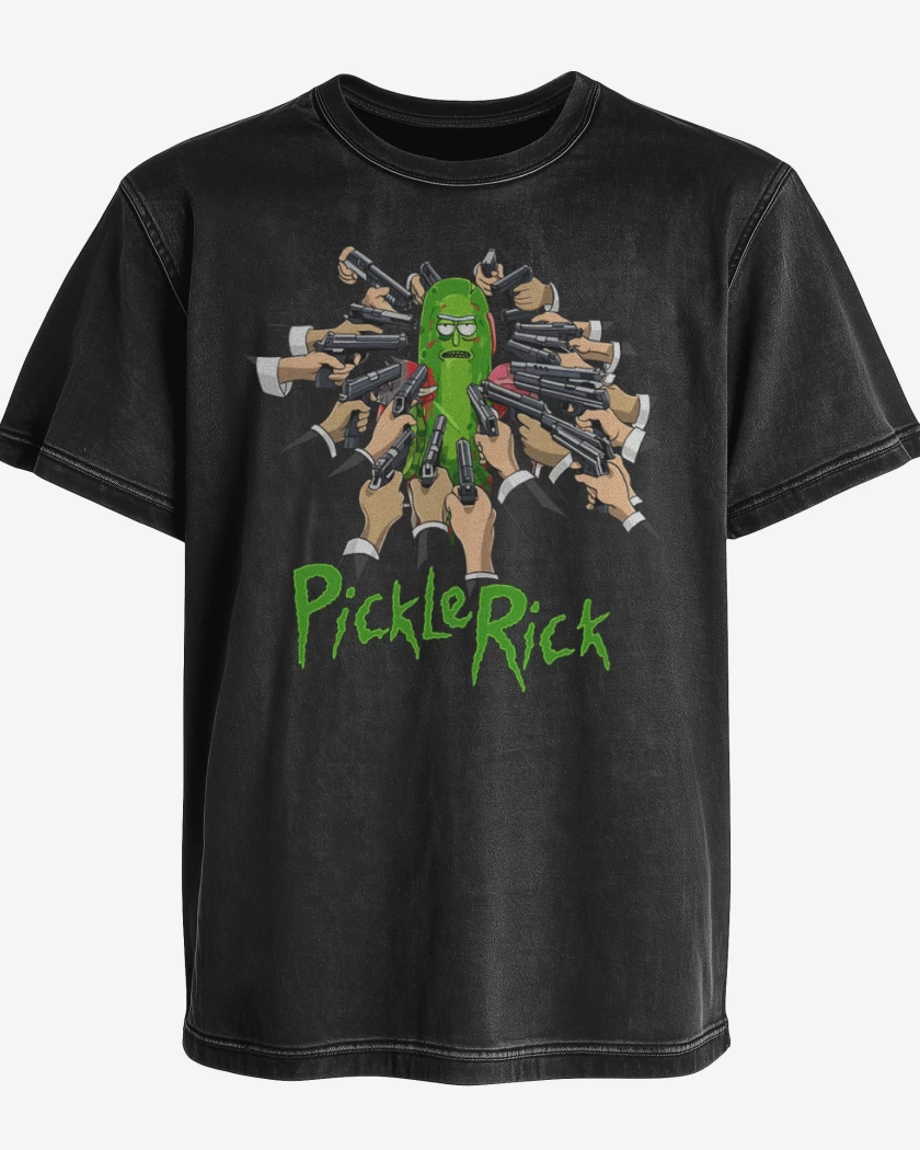 Polera desgastada Negro de Pickle rick armas