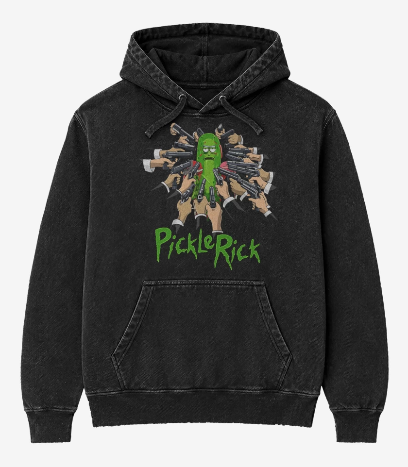 Poleron Canguro Acid Wash Negro de Pickle rick armas