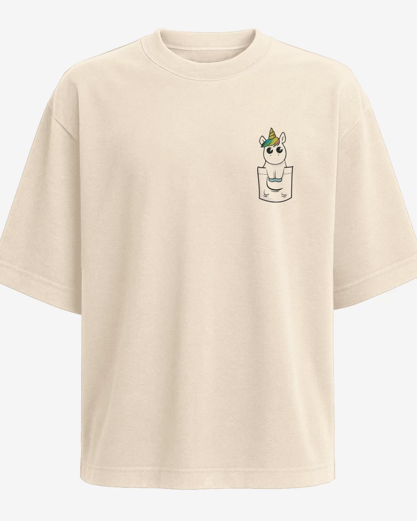 Polera Oversize Beige de Unicornio de bolsillo