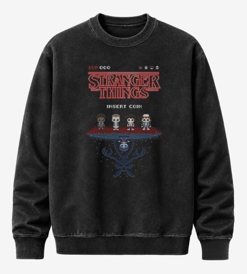 Poleron Polo Acid Wash Negro de Stranger things 8 bits