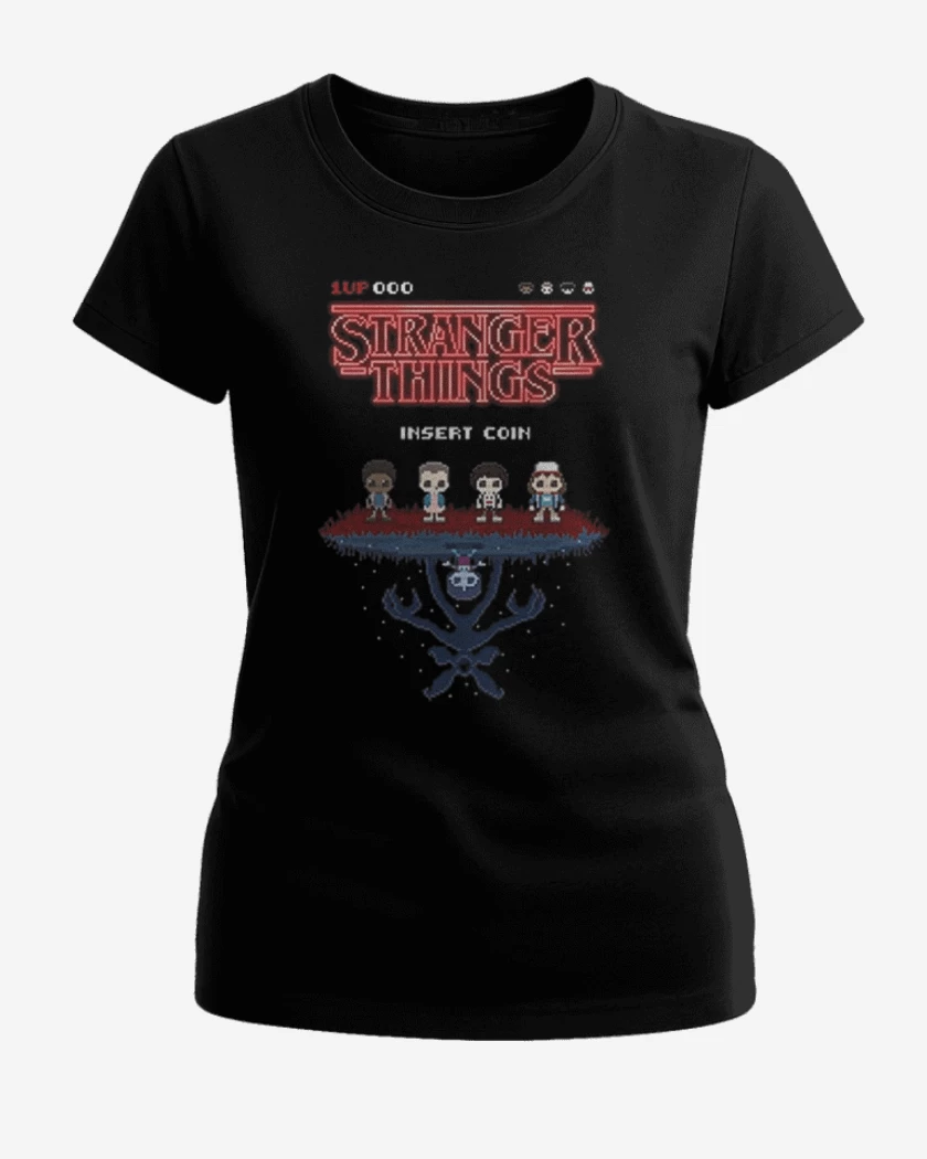 Polera de Mujer Negro de Stranger things 8 bits