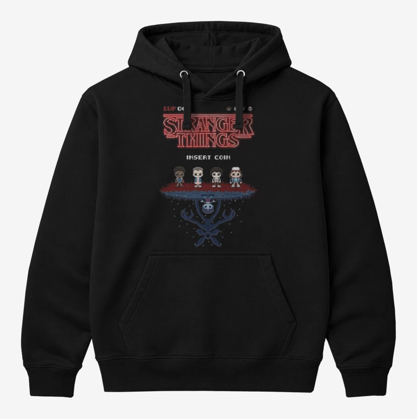 Polerón Canguro Negro de Stranger things 8 bits