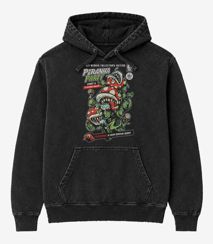 Poleron Canguro Acid Wash Negro de Piranha Party