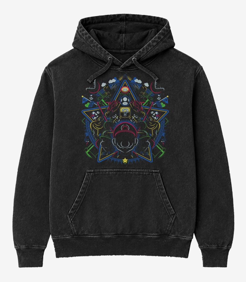 Poleron Canguro Acid Wash Negro de Mundo Super bigote