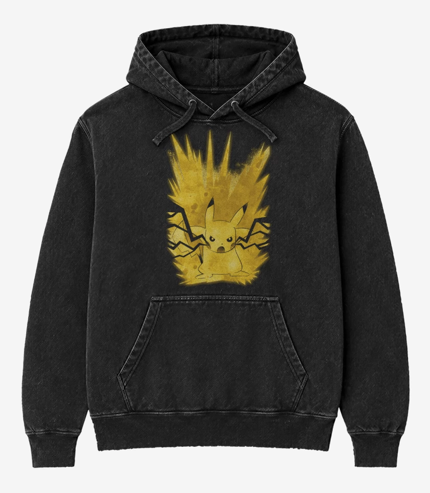 Poleron Canguro Acid Wash Negro de Pikachu impactrueno