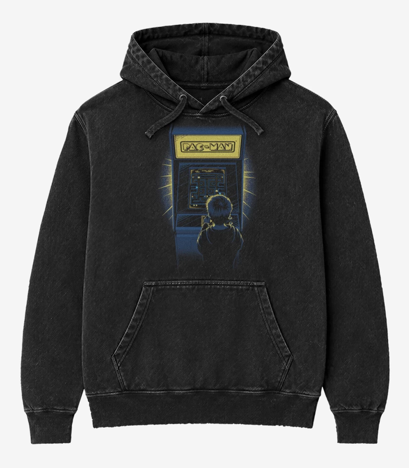 Poleron Canguro Acid Wash Negro de Arcade pac man