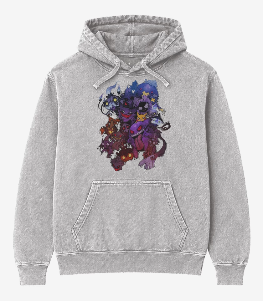 Poleron Canguro Acid Wash Gris Melange de Pokemones fantasmas