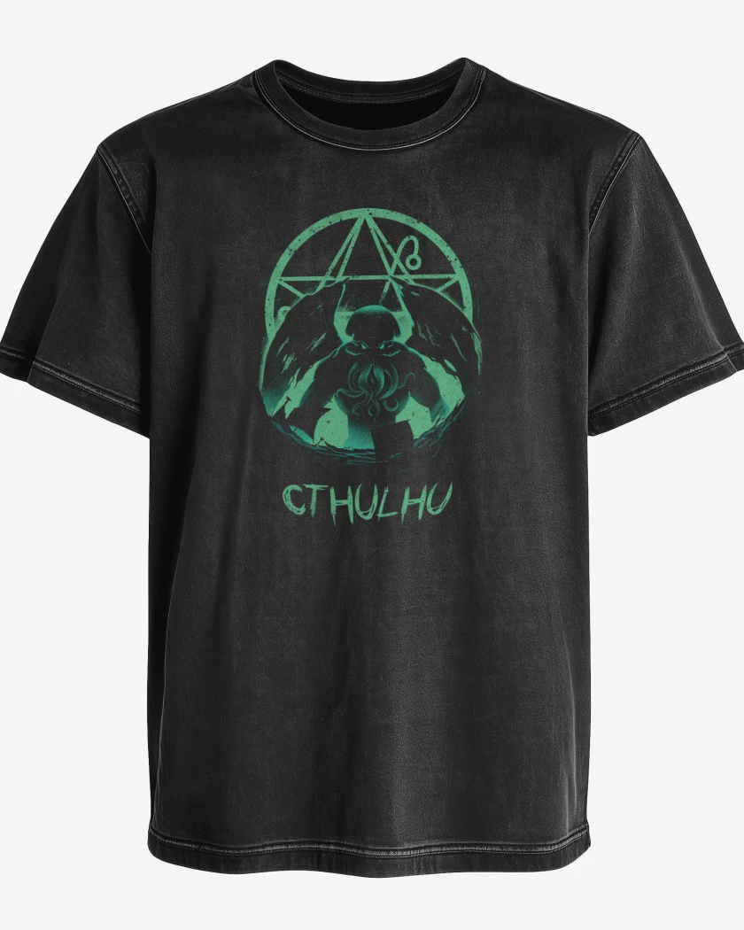 Polera desgastada Negro de cthulhu 3