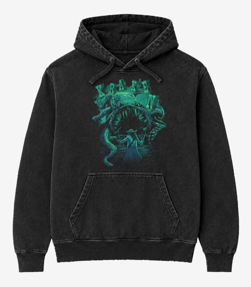 Poleron Canguro Acid Wash Negro de Kraken vs jack