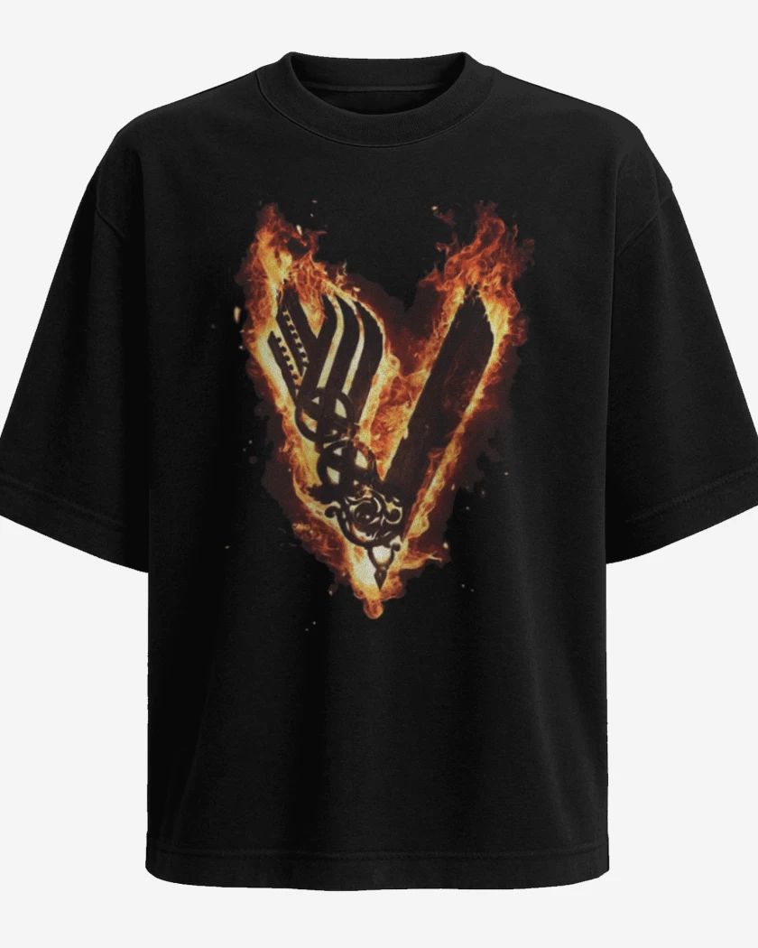 Polera Oversize Negro de Vikings fuego