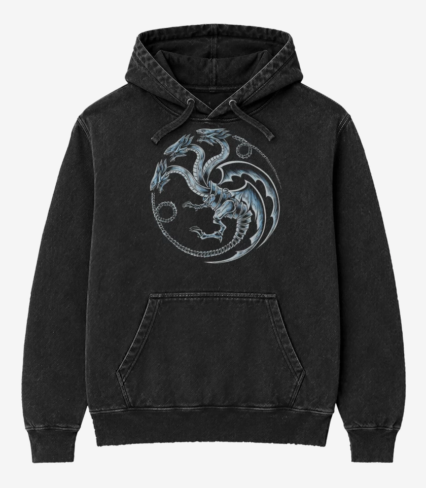 Poleron Canguro Acid Wash Negro de Dragon blanco de ojos azules