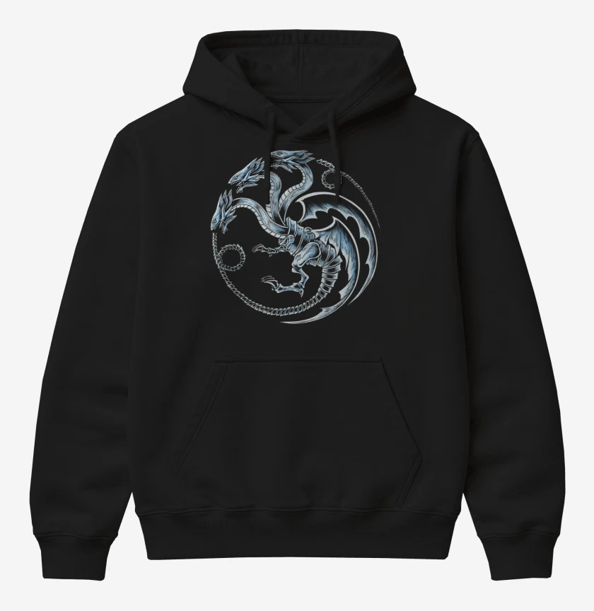 Poleron Canguro básico Negro de Dragon blanco de ojos azules