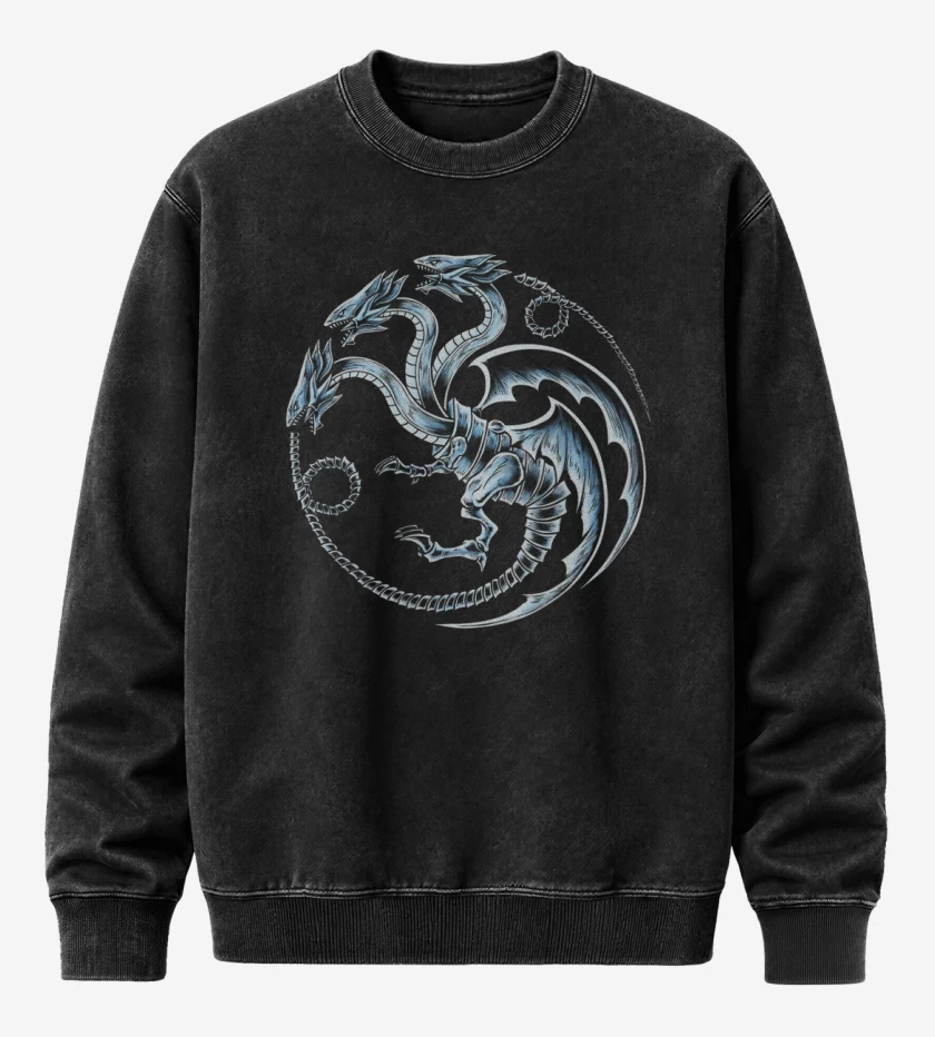 Poleron Polo Acid Wash Negro de Dragon blanco de ojos azules