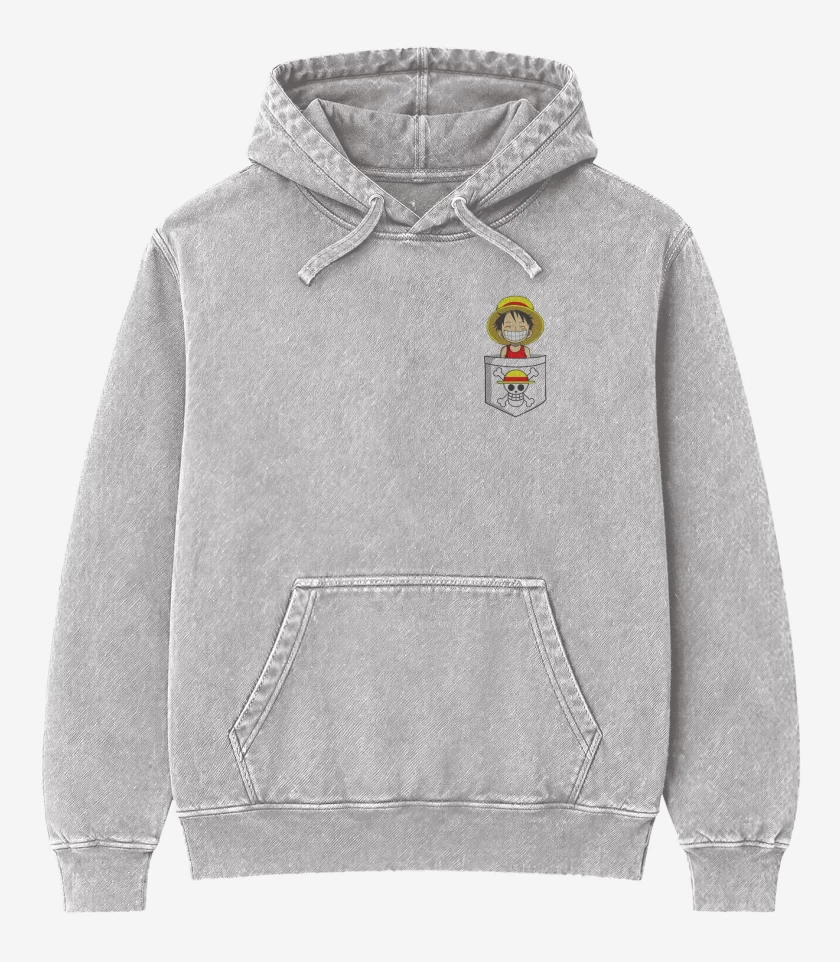 Poleron Canguro Acid Wash Gris Melange de Luffy de bolsillo