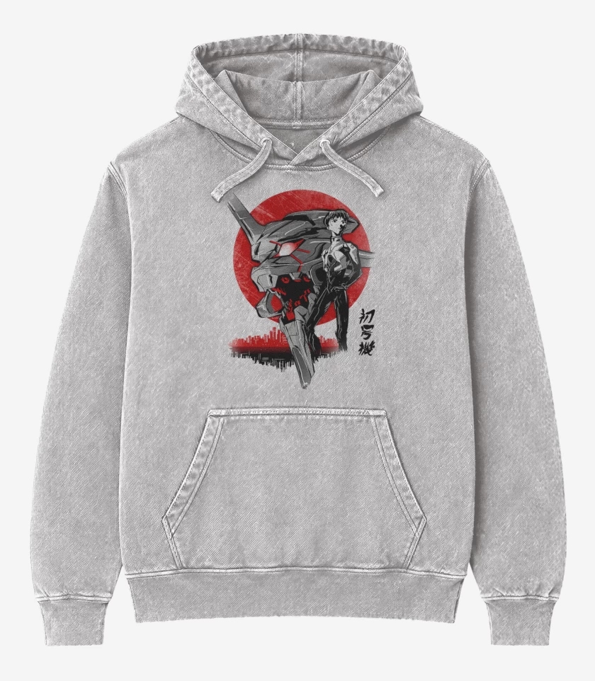 Poleron Canguro Acid Wash Gris Melange de evangelion