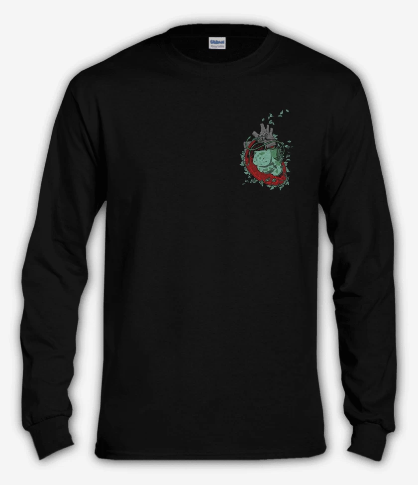 Polera manga larga Negro de corazon bulbasaur