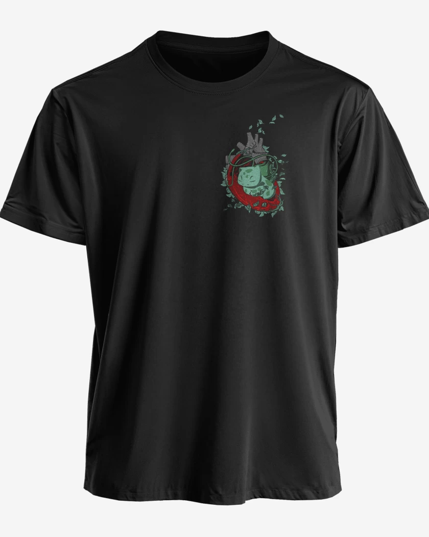 Polera premium Negro de corazon bulbasaur