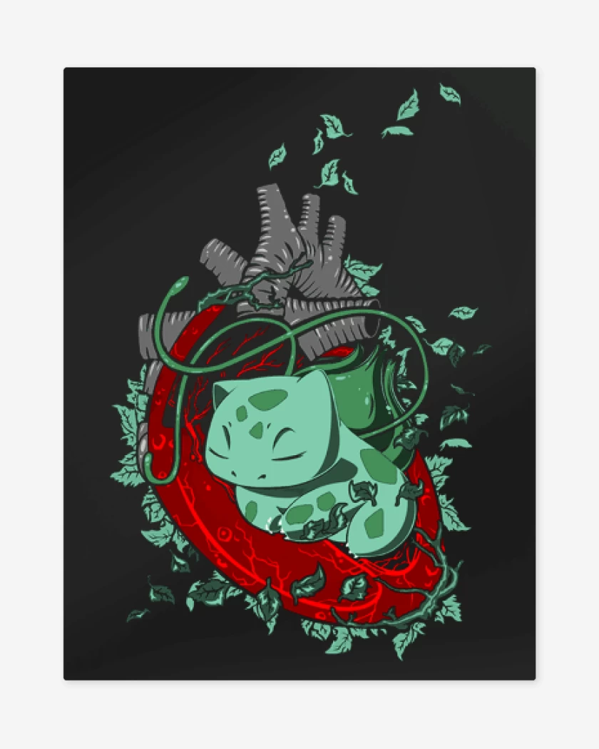 Print metalico Negro de corazon bulbasaur