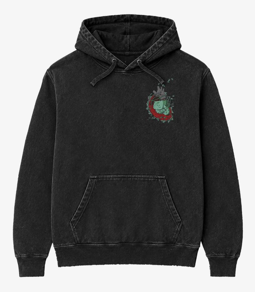 Poleron Canguro Acid Wash Negro de corazon bulbasaur