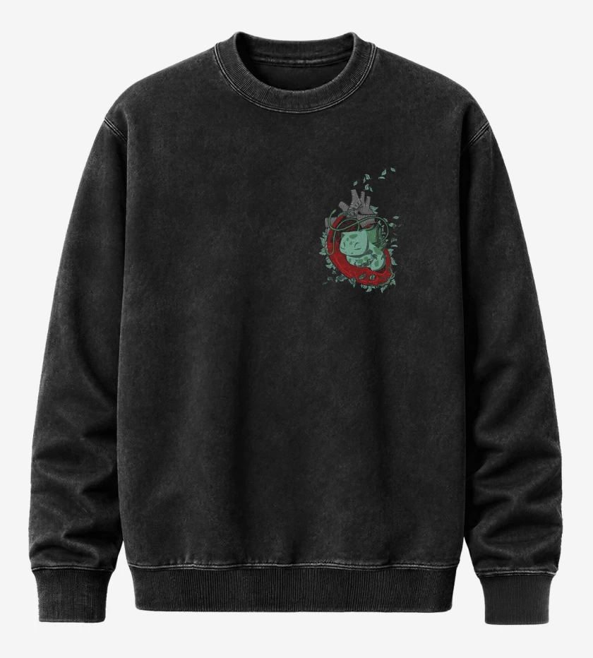 Poleron Polo Acid Wash Negro de corazon bulbasaur