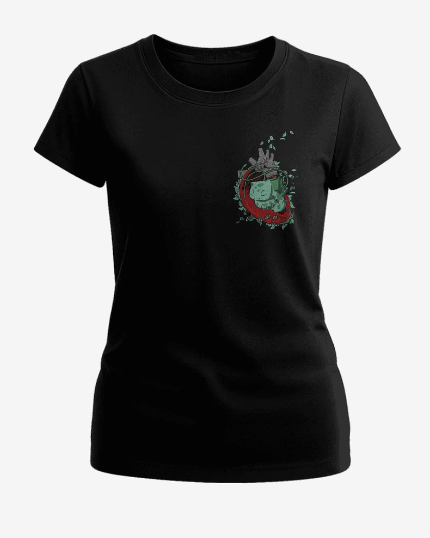 Polera de Mujer Negro de corazon bulbasaur