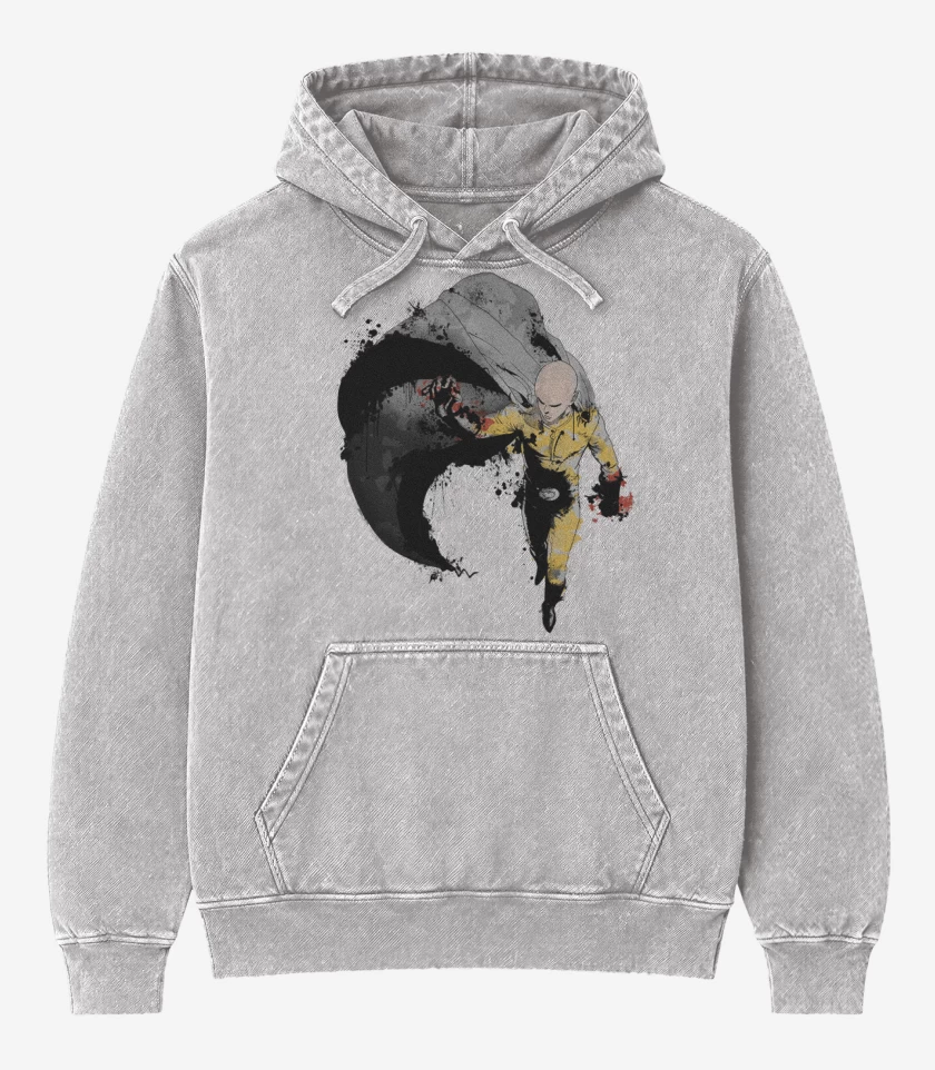 Poleron Canguro Acid Wash Gris Melange de Saitama