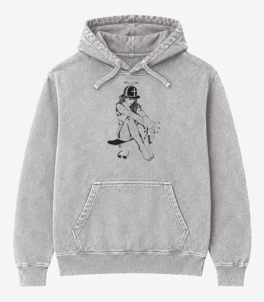 Poleron Canguro Acid Wash Gris Melange de skater