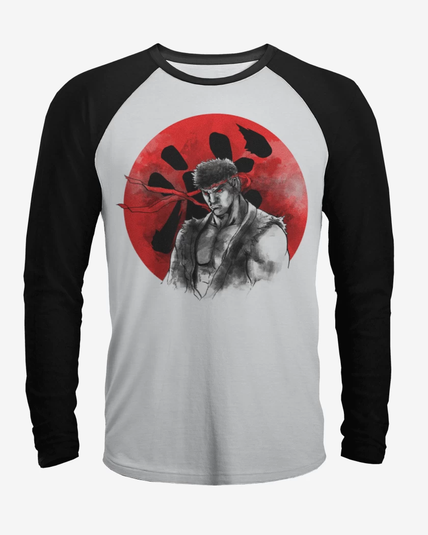Polera Raglan Blanco / Negro de Ryu circulo rojo