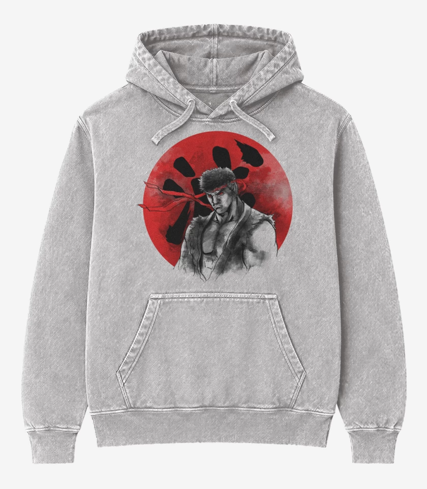 Poleron Canguro Acid Wash Gris Melange de Ryu circulo rojo