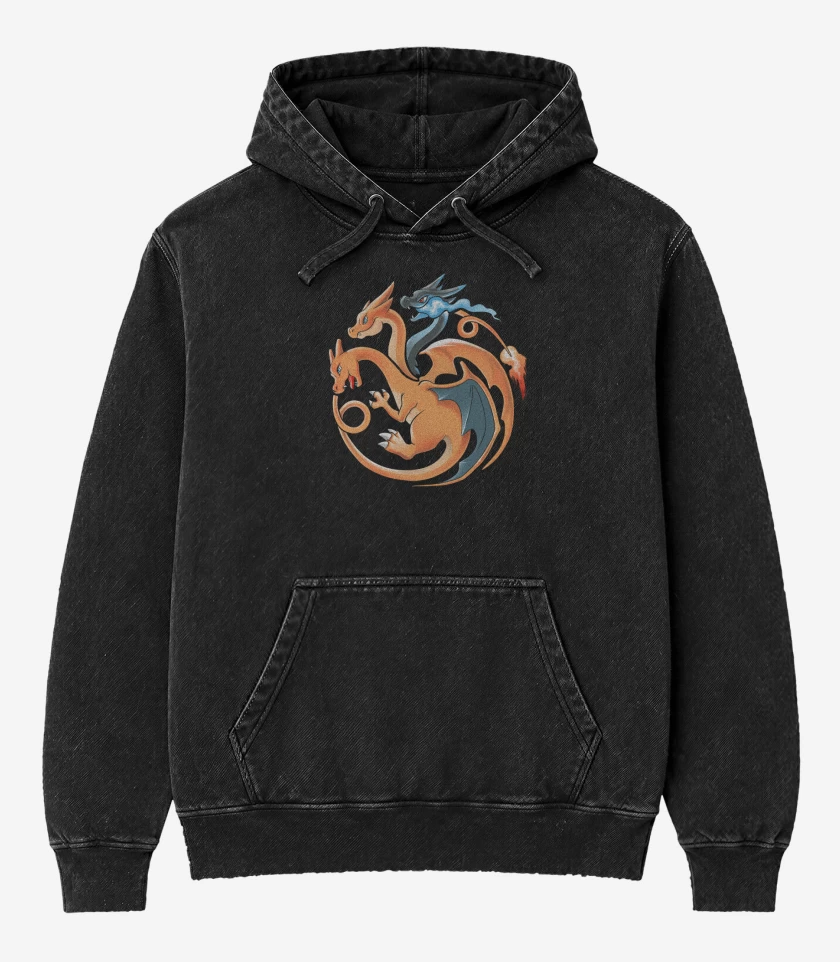 Poleron Canguro Acid Wash Negro de charizard tres cabezas 