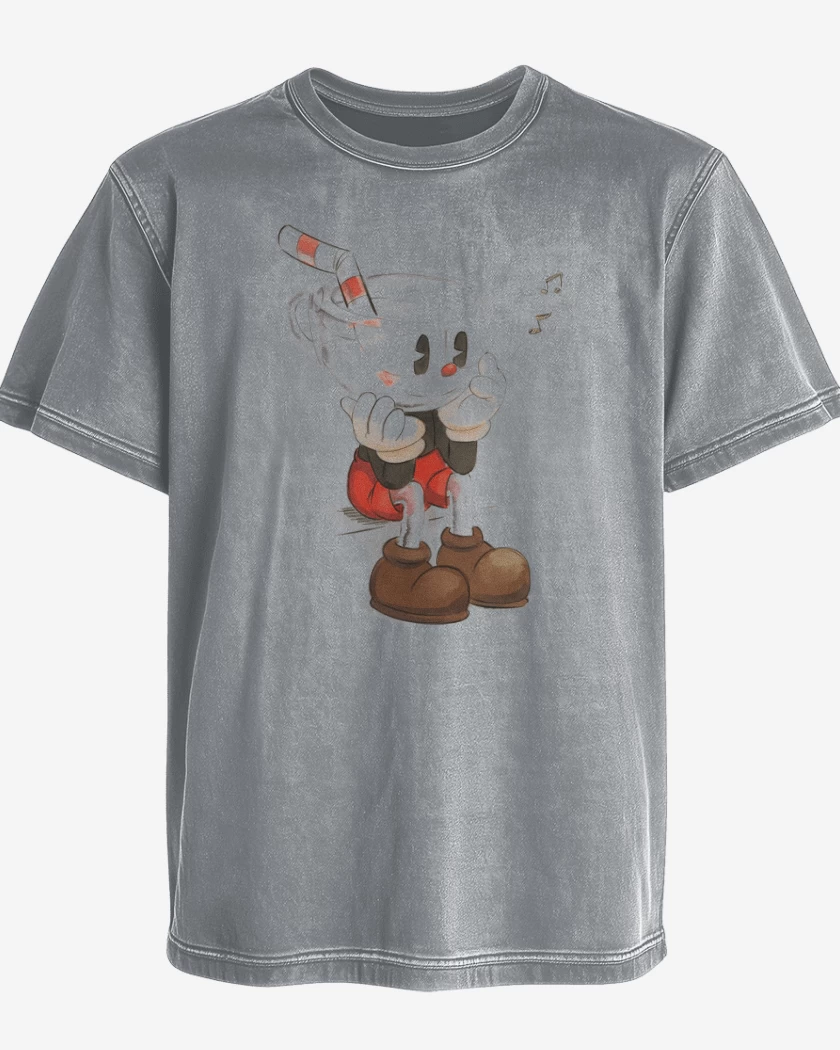Polera desgastada Gris Melange de CupHead Art