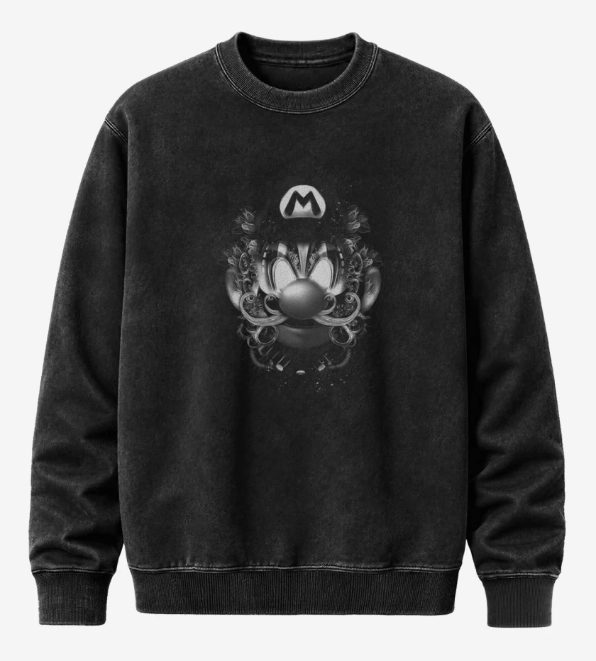 Poleron Polo Acid Wash Negro de Super bigote Blanco y Negro
