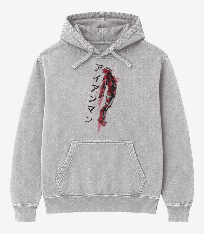 Poleron Canguro Acid Wash Gris Melange de Iron Man Japones