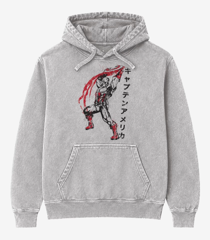Poleron Canguro Acid Wash Gris Melange de Capitan America Japones
