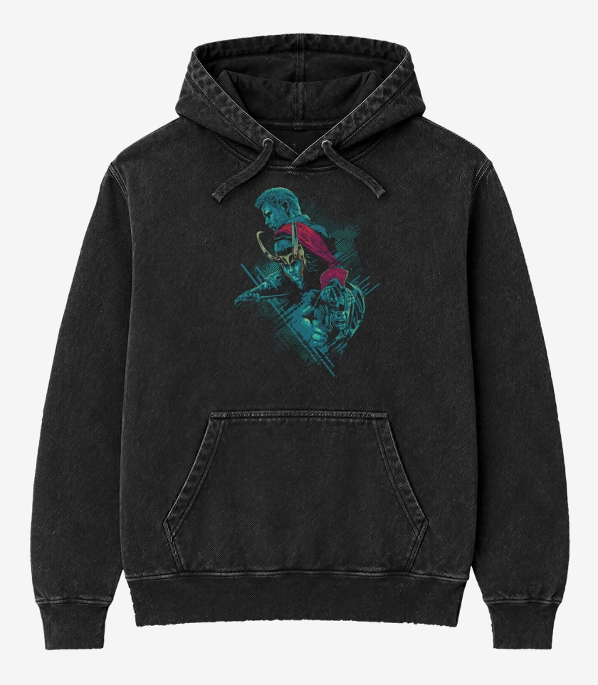 Poleron Canguro Acid Wash Negro de Thor x loki x hulk