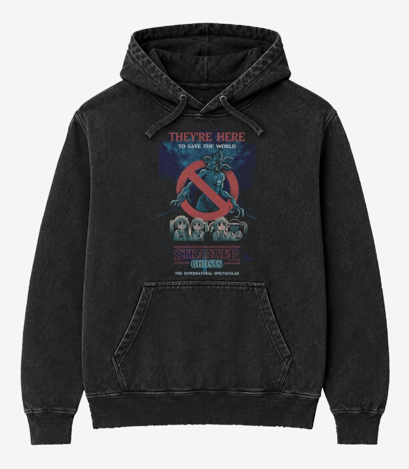 Poleron Canguro Acid Wash Negro de Stranger ghosts