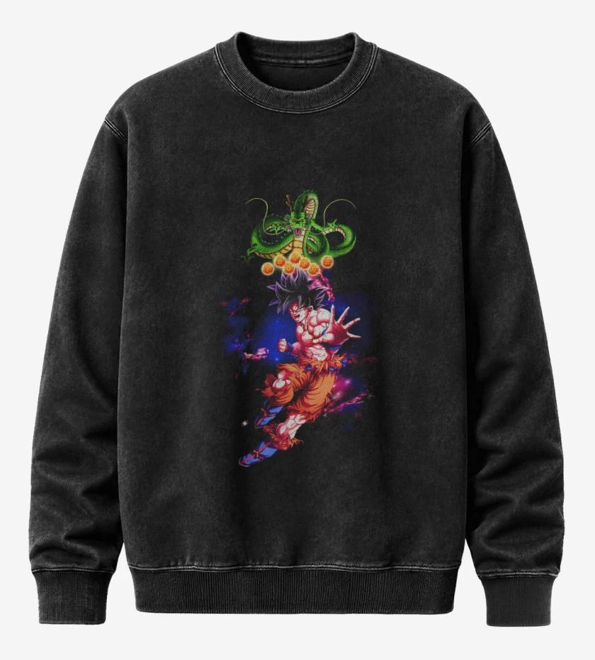 Poleron Polo Acid Wash Negro de Goku y shen long
