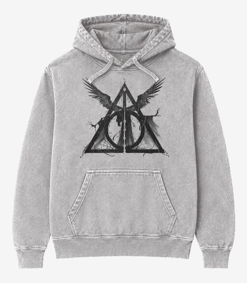 Poleron Canguro Acid Wash Gris Melange de Reliquias de la muerte