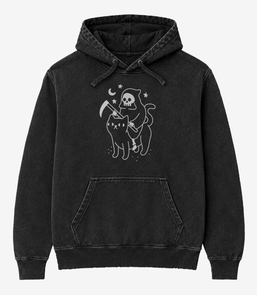 Poleron Canguro Acid Wash Negro de Gatito de la muerte