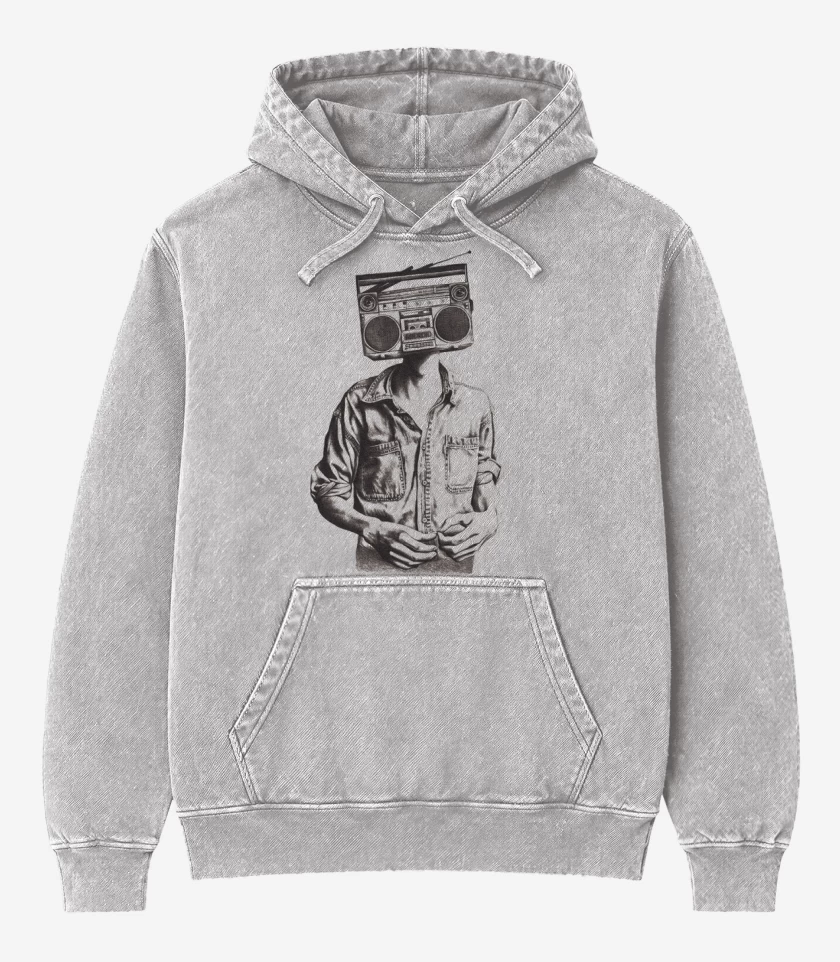 Poleron Canguro Acid Wash Gris Melange de Cabeza de radio