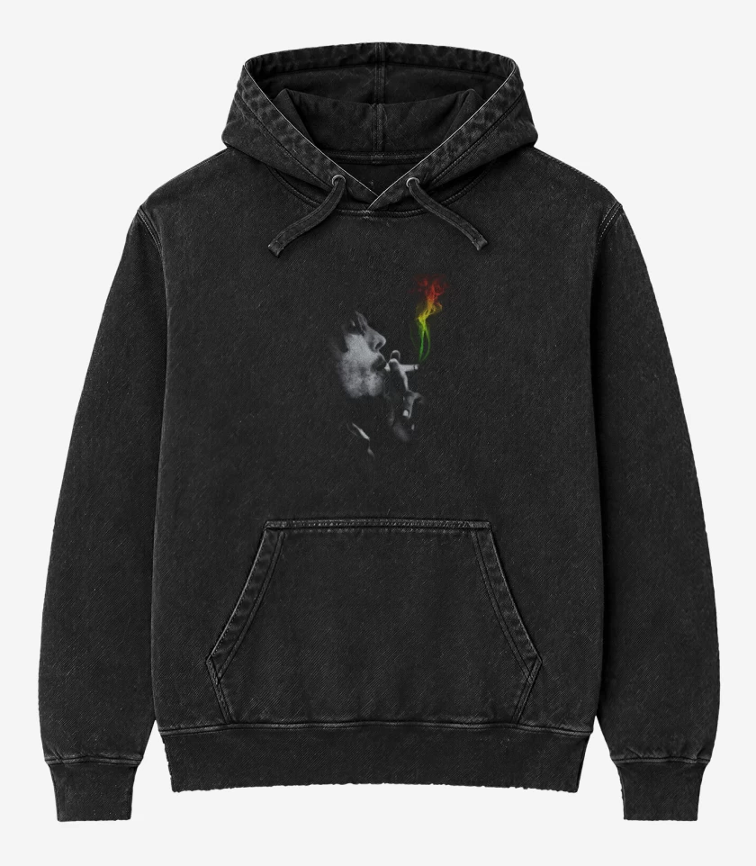 Poleron Canguro Acid Wash Negro de Bob Marley