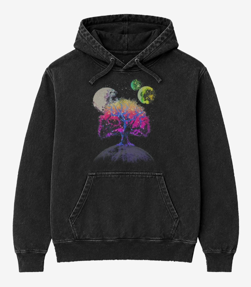 Poleron Canguro Acid Wash Negro de Arbol Galactico