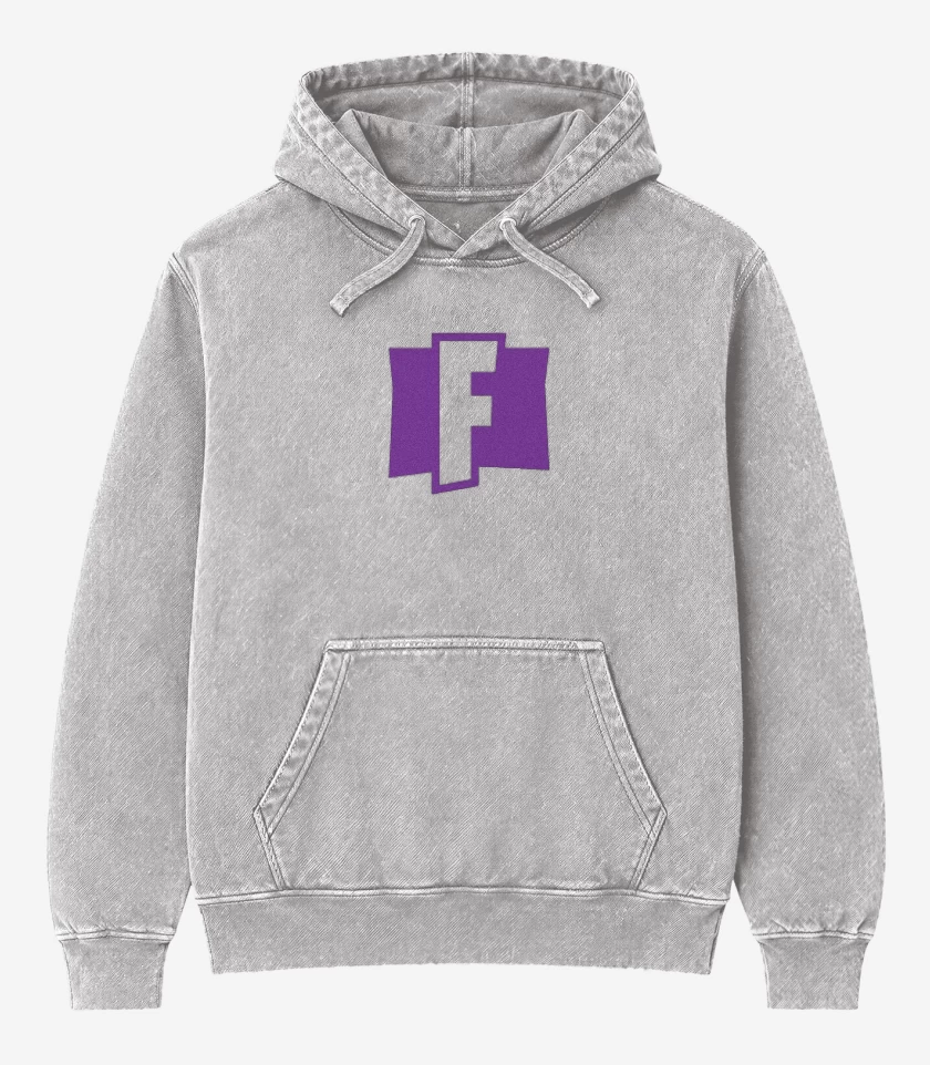 Poleron Canguro Acid Wash Gris Melange de Logo Fornite 