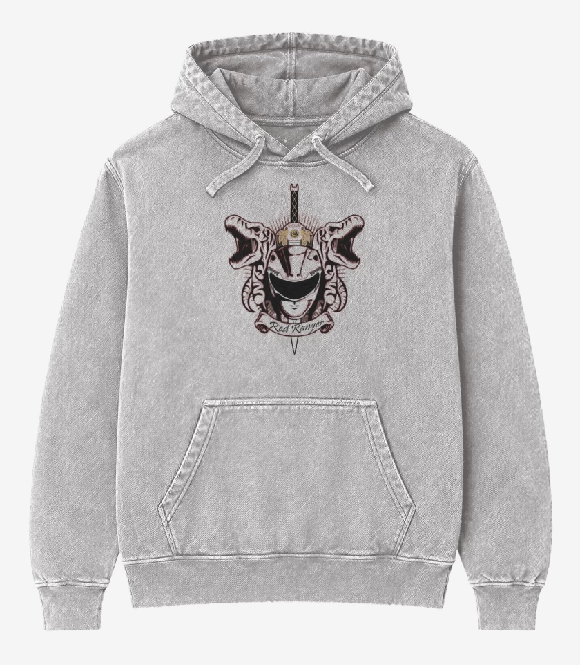Poleron Canguro Acid Wash Gris Melange de Tyrannosaurus Red Ranger