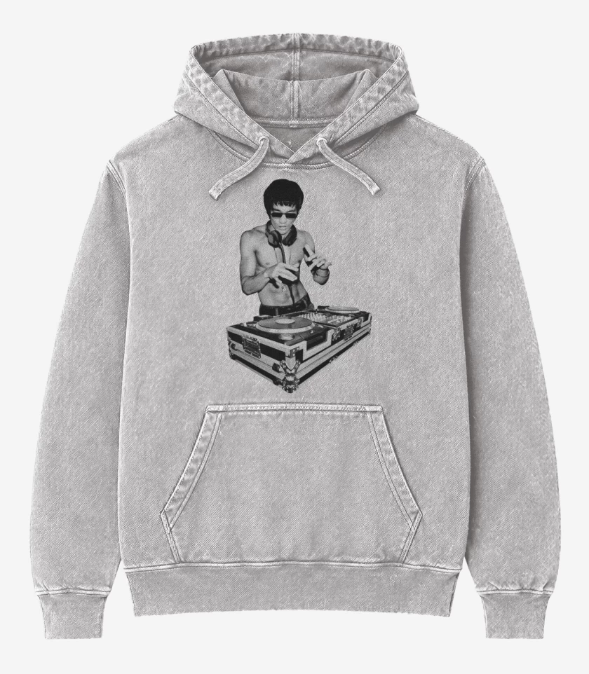 Poleron Canguro Acid Wash Gris Melange de Bruce lee tony stark