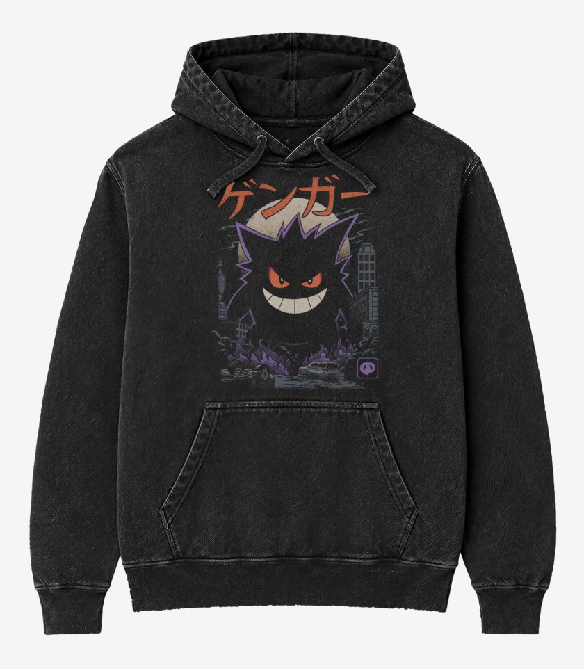 Poleron Canguro Acid Wash Negro de Gengar Godzilla