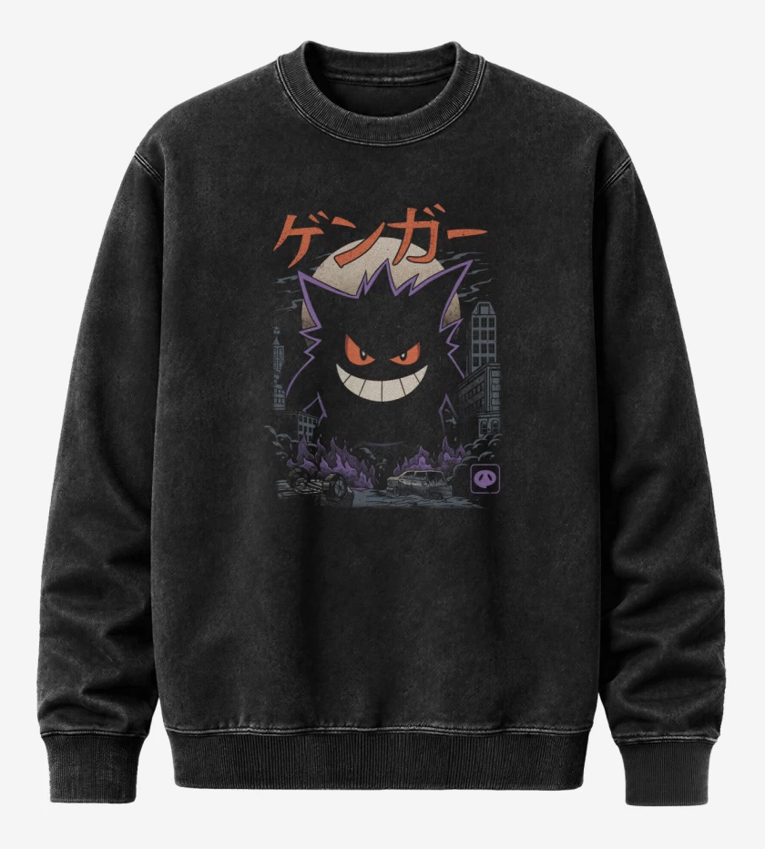 Poleron Polo Acid Wash Negro de Gengar Godzilla