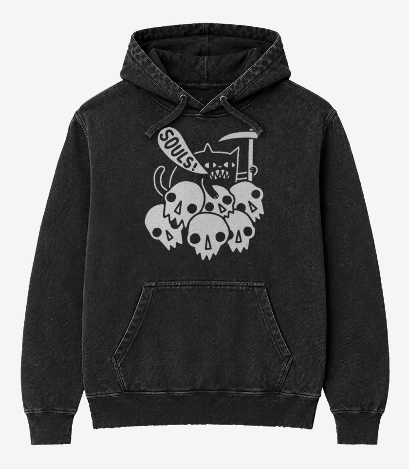 Poleron Canguro Acid Wash Negro de Gatito de la muerte 02