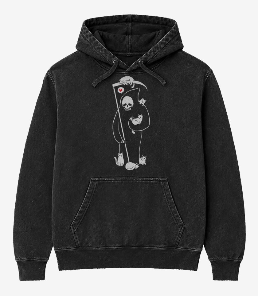 Poleron Canguro Acid Wash Negro de Gatito de la muerte 03